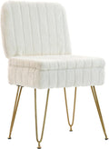 Vanity Chair with Storage | Comfy Ottoman with Folding Back | Faux Fur Vanity Stool with 4 Metal Legs for Make Up | Furry Padded Seat with Anti-Slip Feet for Bedroom Dressing Room | White