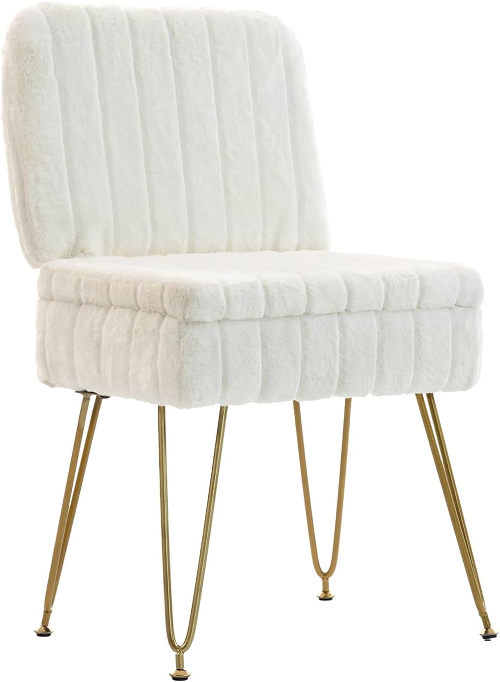 Vanity Chair with Storage | Comfy Ottoman with Folding Back | Faux Fur Vanity Stool with 4 Metal Legs for Make Up | Furry Padded Seat with Anti-Slip Feet for Bedroom Dressing Room | White