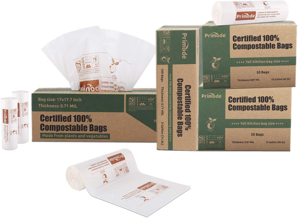 Primode Compostable Bags, 3 Gallon Food Scraps Yard Waste Bags, 100 Count, Extra Thick 0.71 Mil. ASTMD6400 Compost Bags Small Kitchen Trash Bags, Certified By BPI And TÜV AUSTRIA