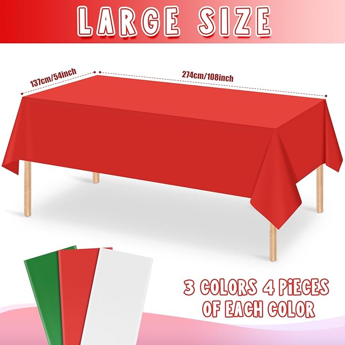 MASHAN 12 Pack Christmas Tablecloth Bulk, Red White Green Disposable Tablecloths, Rectangle Italy Theme Table Covers for Christmas Family Gathering Dining and Italian Party Decoration,54 x 108 Inch