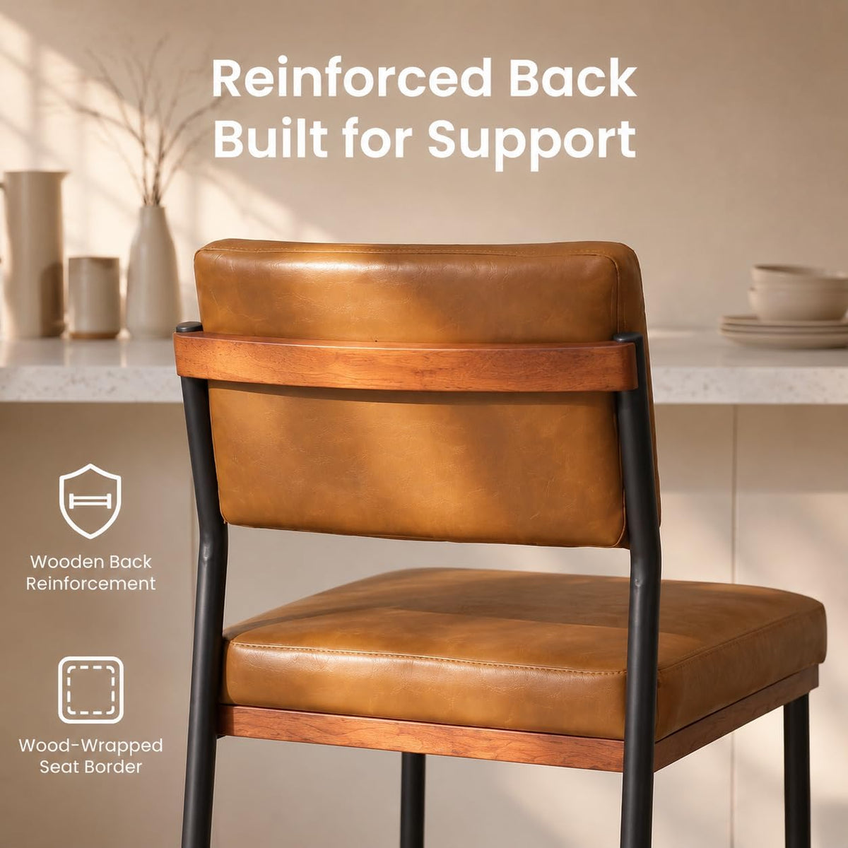 Faux Leather Bar Stools Set of 2,26 Inch Modern Counter Height Bar Stools for Kitchen Island,Counter Stools with Wide Back Sturdy Metal Legs,Brown