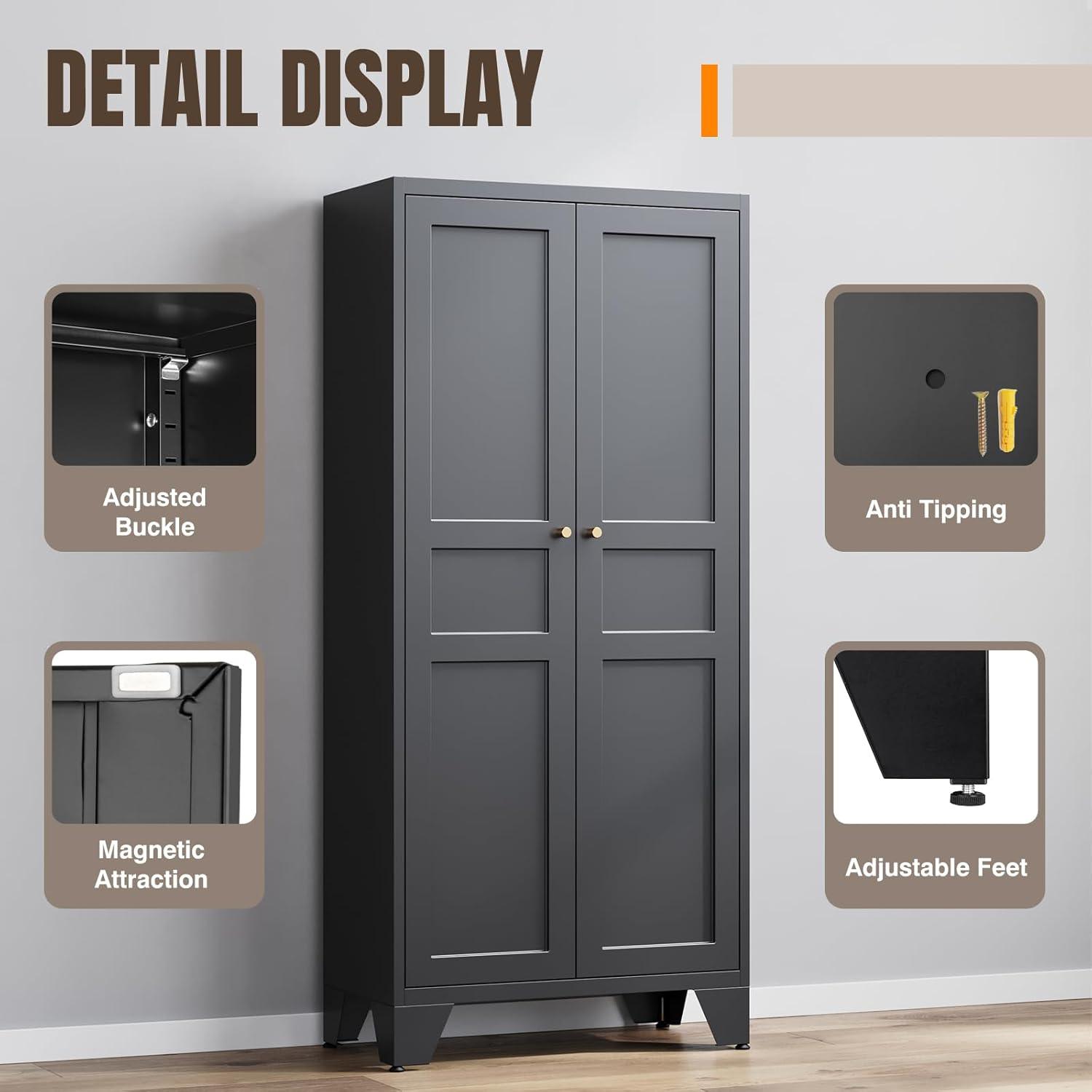 Yizosh Metal Pantry Cabinet,Tall Kitchen Pantry Storage Cabinet with Doors and Adjustable Shelves - 61" Black Cupboard Cabinet for Kitchen, Living Room,Dining Room,Home