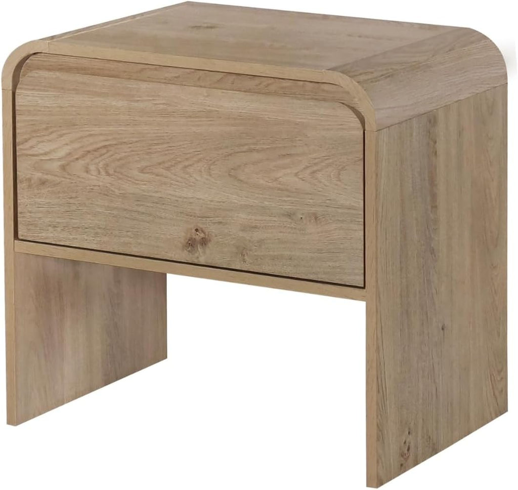 Benjara Maria Side End Table- Drawer and Waterfall Style- Beige Wood 22 Inch