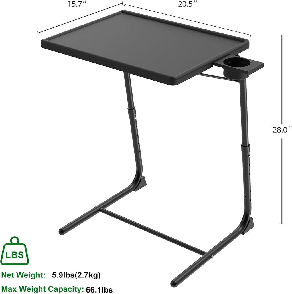 Adjustable TV Tray Table for Breakfast & Dinner - Black Folding Couch Desk with Cup Holder, Portable Eating Tray for Sofa, Bed, Living Room - 6 Height & 3 Angle Adjustments