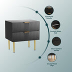 Modern Fluted Nightstand, Black Night Stand with Golden Handles and Metal Legs, Wooden Bedside Table with 2 Drawers for Bedroom Living Room
