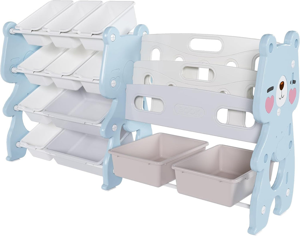 Runboll Kids Toy Storage Organizer with 2 Tier Bookshelf and 12 Bins, Multi-Purpose Children's Toy Shelf Organizer with Bins for Playroom, Bedroom, Nursery, Living Room