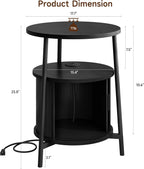 ONBRILL Round Side Table with Storage, Fluted Nightstand with Charging Station, Small Mid-Century Modern Bedside Tables, Black End Tables for Small Space Living Room Bedroom Sofa Couch