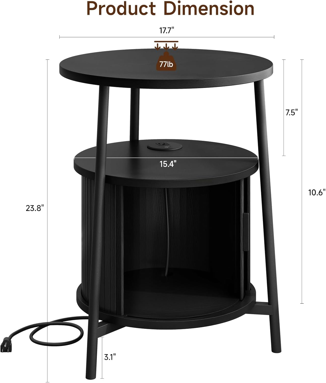 ONBRILL Round Side Table with Storage, Fluted Nightstand with Charging Station, Small Mid-Century Modern Bedside Tables, Black End Tables for Small Space Living Room Bedroom Sofa Couch