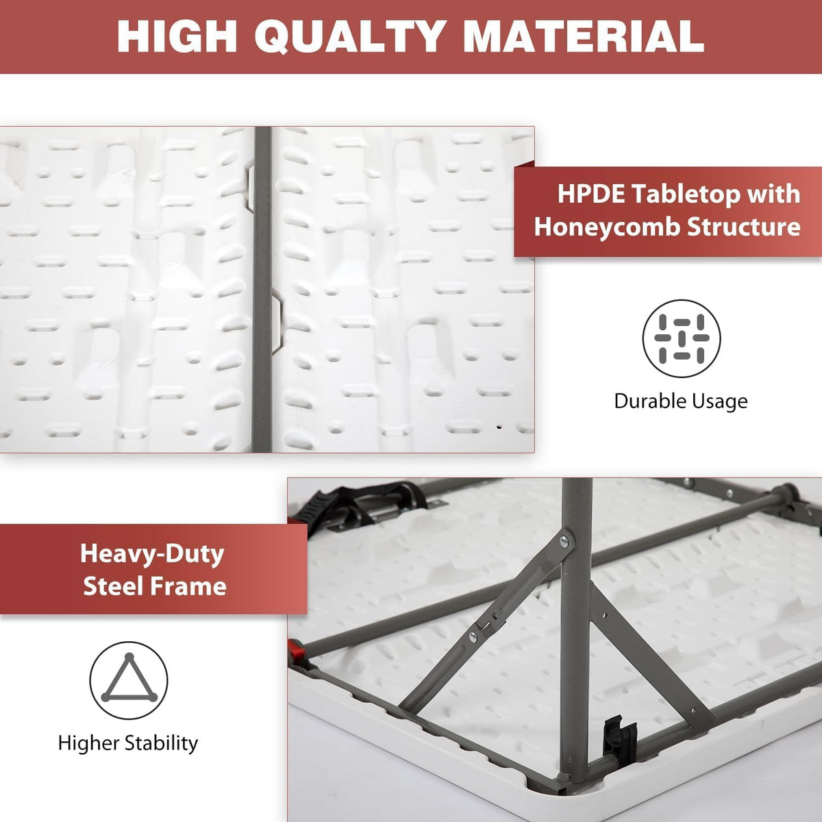 34" Square Folding Card Table, Fold-in-Half Utility Dining Portable Tables Heavy Duty HDPE Plastic Foldable Table with Carrying Handle Indoor Outdoor for Picnic, Camping, Party, White