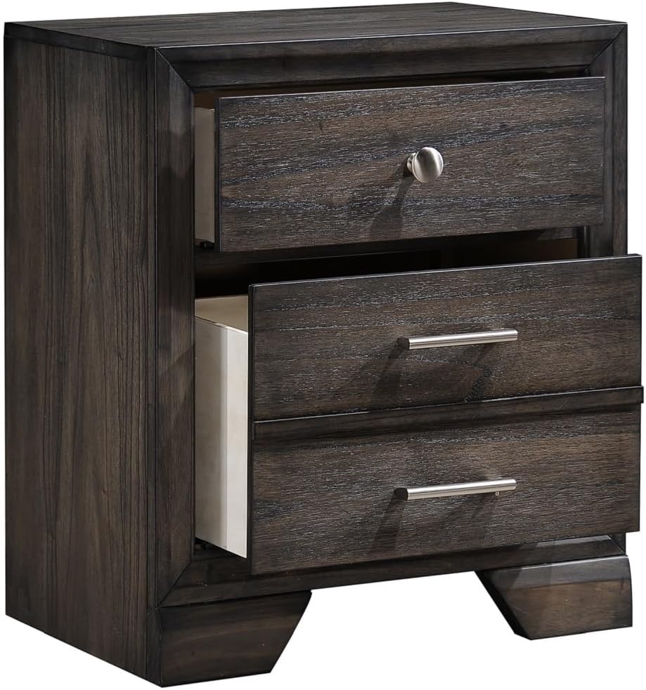 1pc Contemporary Dark Grain Finish Metal Knobs Two-Drawers Nightstand Gray,for Small Spaces