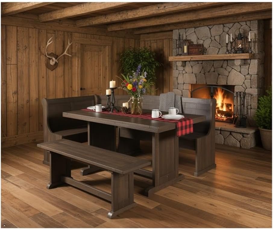 Pemberly Row 4-Pieces Dining Set Wood, Rectangular in Cherry (36" H x 75" W x 56" D) for Kitchen, Dining Room with Table, Reversable Seating, and Storage Space