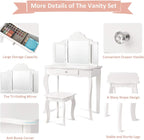 Costzon Kids Wooden Vanity Table & Stool Set, 2 in 1 Detachable Design with Dressing Table and Writing Desk, Princess Makeup Dressing Table with Two 180° Folding Mirror, for Girls, Kids (White)