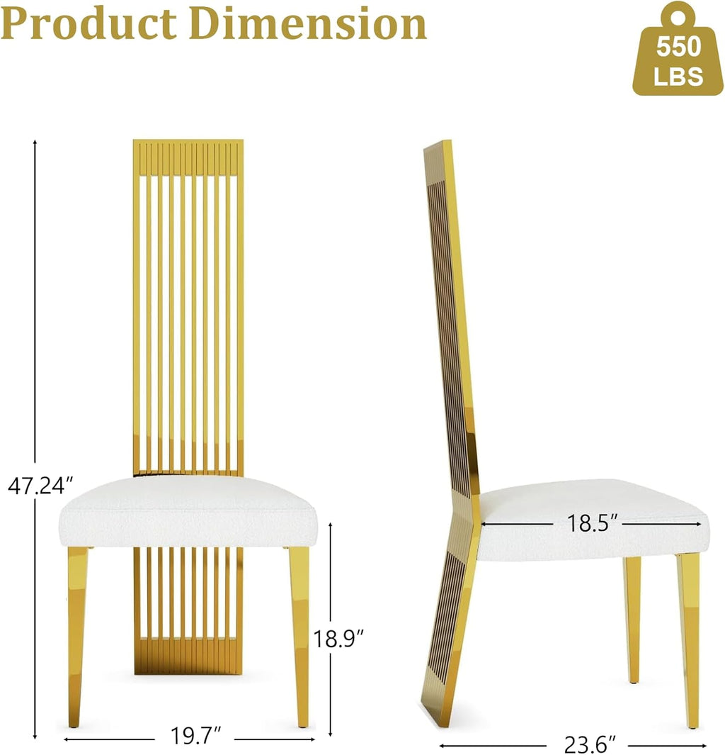 White and Gold Dining Chairs Set of 2, Upholstered Boucle Dining Room Chairs with Slatted Polished Stainless Steel High Back and Legs, Modern Luxury Kitchen Room Chairs