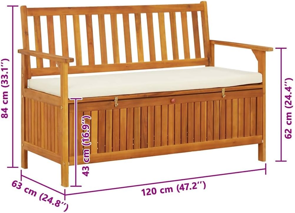 Patio Storage Bench Solid Acacia Wood with Cushion 47.2"x24.8"x33.1" Rustic Outdoor Bench Seat for Garden Porch Furniture with Storage Compartment