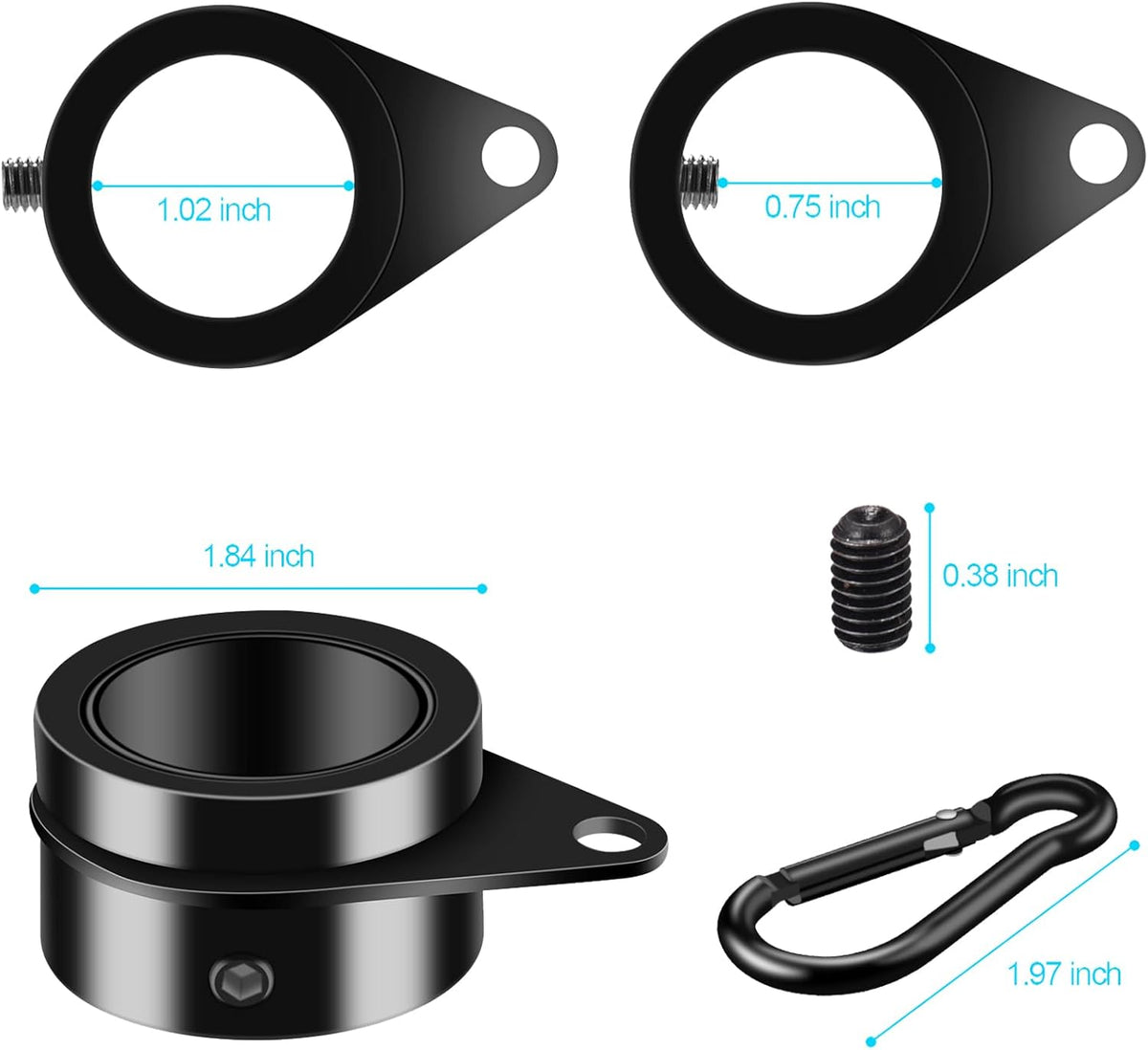 1" Black Flag Pole Rings, 2 Pcs Anti Wrap Aluminum Alloy Flag Pole Clip Swivels, 360° Rotating Flagpole Flag Mounting Ring Clips, Spinning Flag Pole Kit for 0.75-1.02" Diameter (1 Inch, Black)