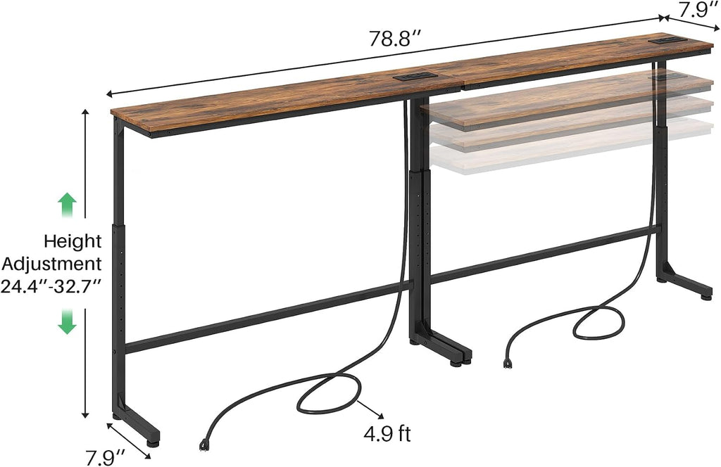 Kitstorack Narrow Sofa Table with Charging Station, 78.8" Behind Couch Table, Adjustable 24.4"-32.7" Height, Modular 2-piece Design for sectionals, entryways, Apartments, and Narrow Living Spaces