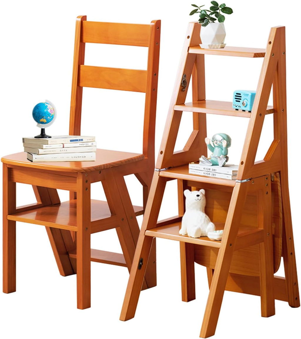 Solid Wood 3-in-1 Folding Ladder Chair, Convertible Step Stool & Display Rack, 4-Tier Multi-Functional Ladder, Dual Purpose for Home, Kitchen, Library, 265 lbs Capacity (Brown)