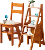 Solid Wood 3-in-1 Folding Ladder Chair, Convertible Step Stool & Display Rack, 4-Tier Multi-Functional Ladder, Dual Purpose for Home, Kitchen, Library, 265 lbs Capacity (Brown)