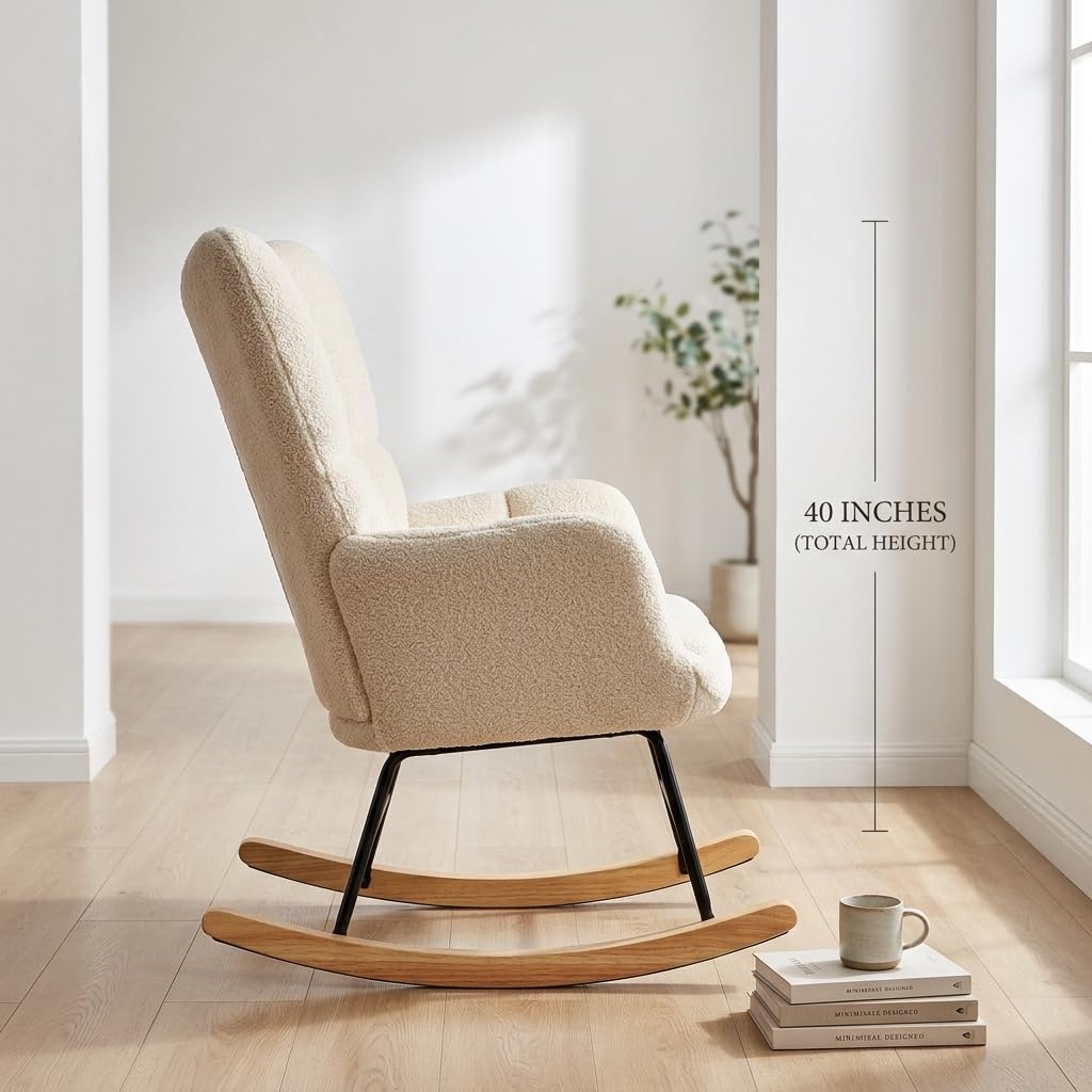 Teddy Upholstered Wingback Rocking Chair, Soft Padded Indoor Reading Glider Chair for Living Room and Bedroom, Beige