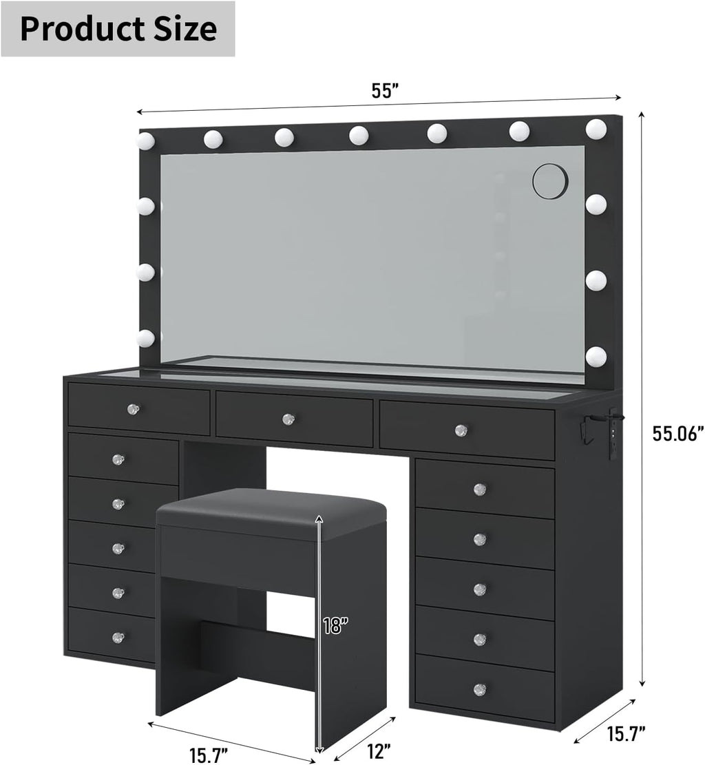 FUSOU Makeup Vanity with Power Outlet & Lighted Mirror, 13 Drawers Vanity Desk, 3 Lighting Modes Adjustable, Glass Top, Dressing Table with Chair for Bedroom (Black)