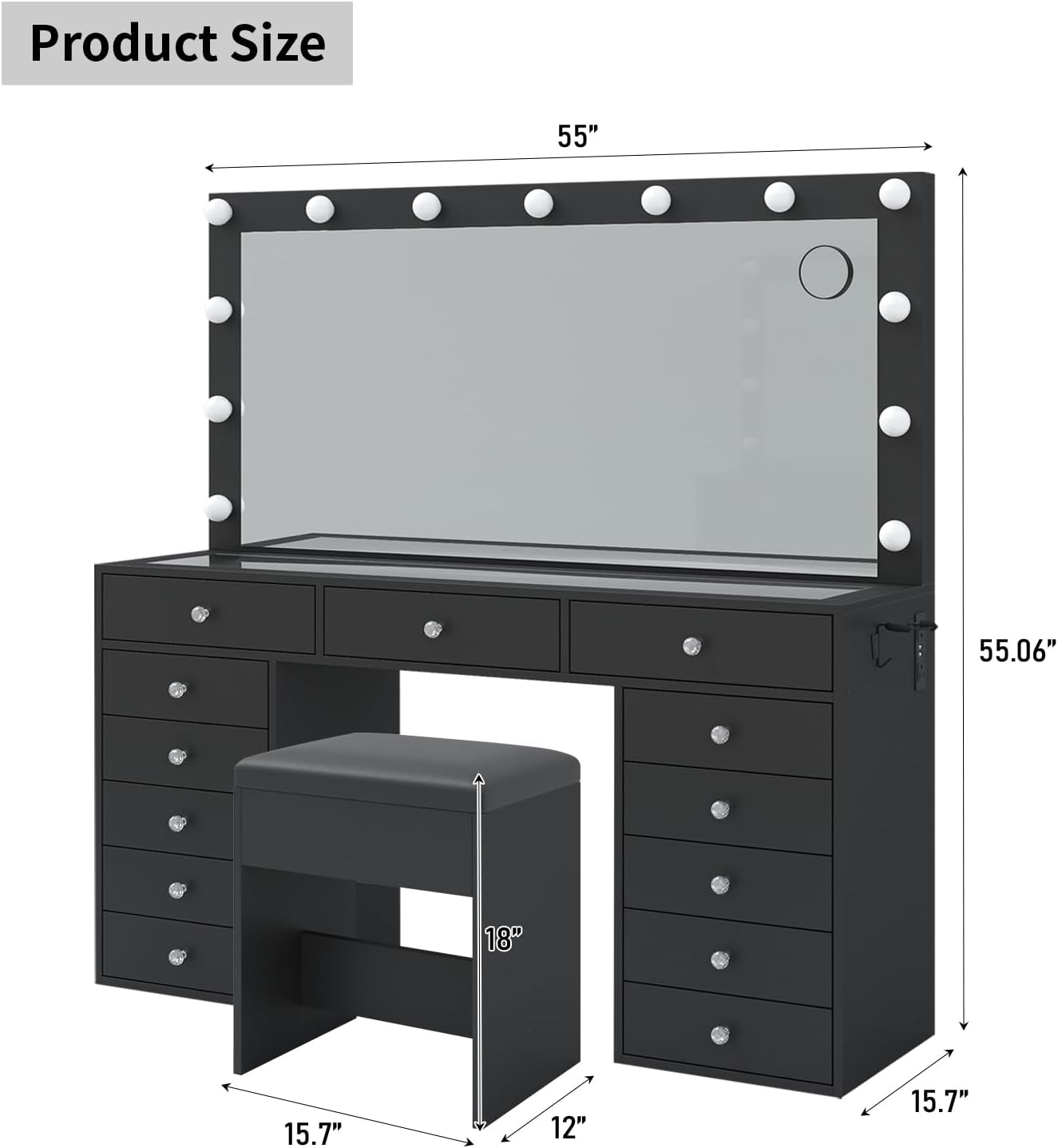 FUSOU Makeup Vanity with Power Outlet & Lighted Mirror, 13 Drawers Vanity Desk, 3 Lighting Modes Adjustable, Glass Top, Dressing Table with Chair for Bedroom (Black)