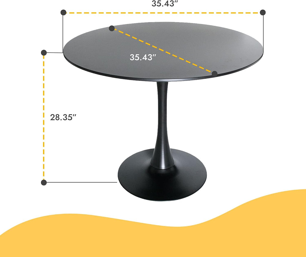 LeisureMod Bristol 35" Round Dining Table, Modern MDF Wood in Black Metal Pedestal Base Accent Table Mid-Century Café Table, Kitchen Dining Room Furniture (Black)