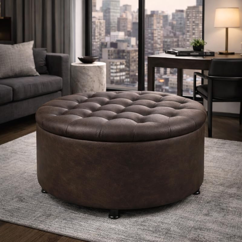 Niche Knight 28-Inch Large Round Pintucked Storage Ottoman with Lift-Off Lid, Tufted Faux Leather Accent Footrest for Living Room, Bedroom, Entryway, Hidden Storage – Brown Faux Leather