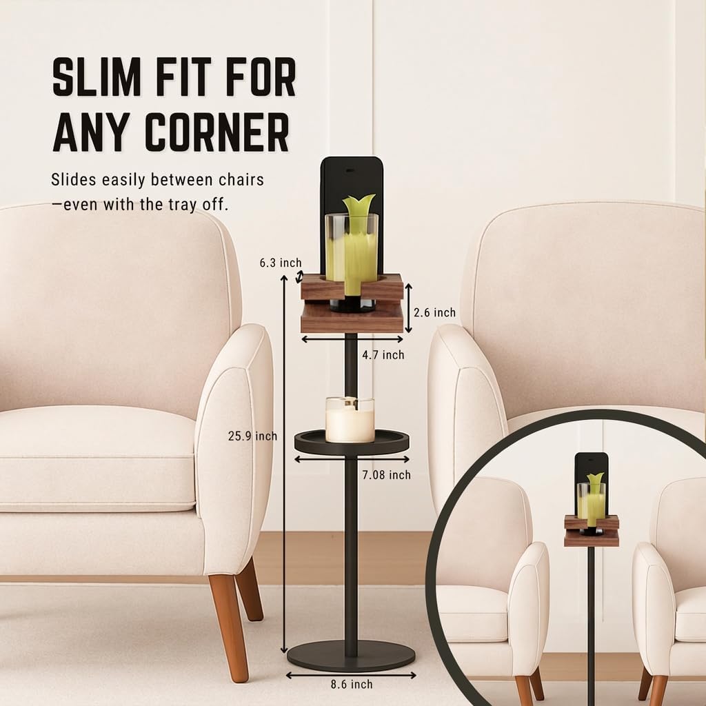 Drink Table for Small Spaces - Slim Pedestal Side Table with Real Wood Top & Stable Base for Coffee & Cocktails - Ideal for Tight Living Room & Bedroom Spaces (Walnut)