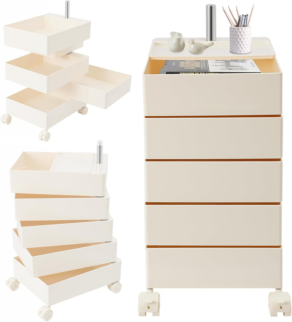 360° Movable Rotating Storage End Table Sofa Side Cabinet Laptop Bedside Table with 5 Tiers Shelves 4 Universal Casters for Living Room Bedroom Sofa Dormitory, White
