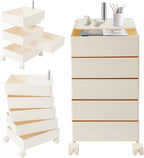 360° Movable Rotating Storage End Table Sofa Side Cabinet Laptop Bedside Table with 5 Tiers Shelves 4 Universal Casters for Living Room Bedroom Sofa Dormitory, White