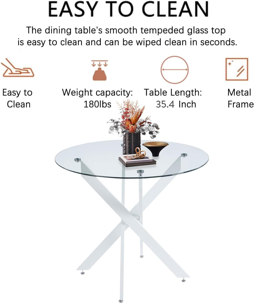 Modern Round Dining Table for 4, 36" Circle Glass Kitchen Dining Room Table with White Metal Cross Legs, Tempered Glass Tabletop, Perfect for Dinner Kitchen Living Dining Room
