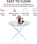 Modern Round Dining Table for 4, 36" Circle Glass Kitchen Dining Room Table with White Metal Cross Legs, Tempered Glass Tabletop, Perfect for Dinner Kitchen Living Dining Room