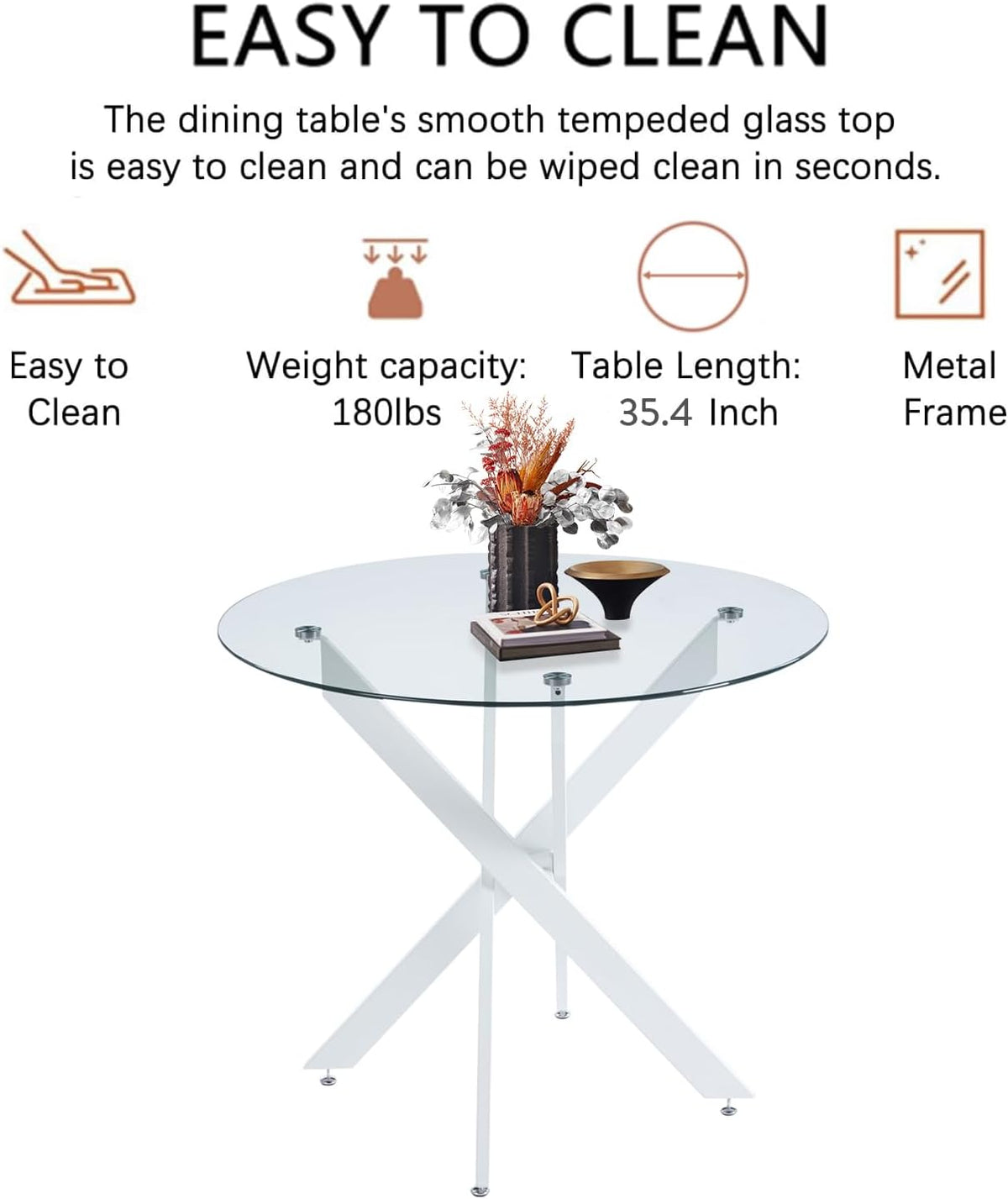 Modern Round Dining Table for 4, 36" Circle Glass Kitchen Dining Room Table with White Metal Cross Legs, Tempered Glass Tabletop, Perfect for Dinner Kitchen Living Dining Room