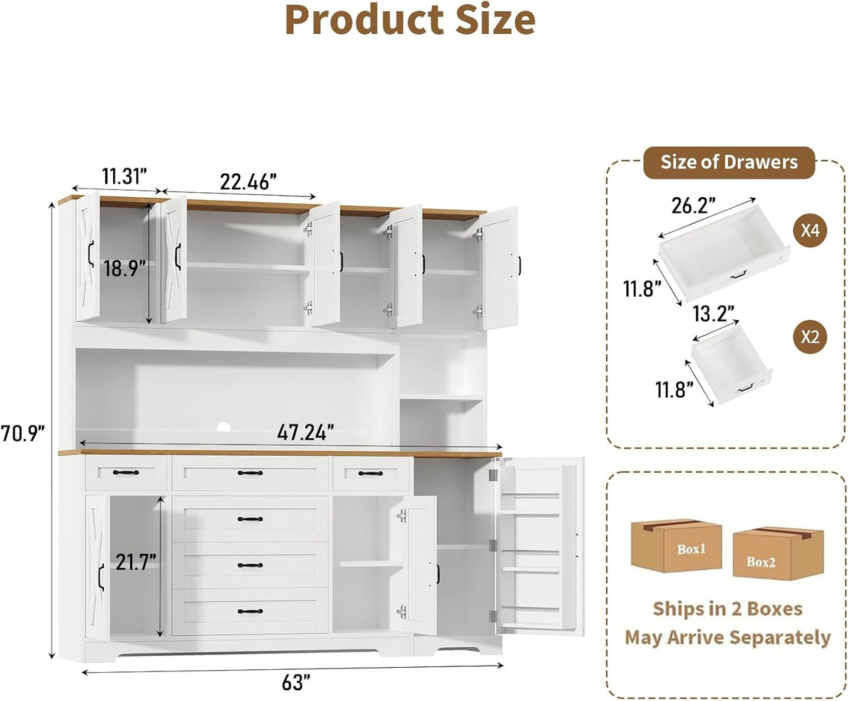 71" Farmhouse Pantry Cabinet with LED Lighting and Charging Station, Tall Storage Cabinet with 8 Doors, 6 Drawers & Adjustable Shelves, Coffee Bar Pantry for Kitchen Dining Room, White
