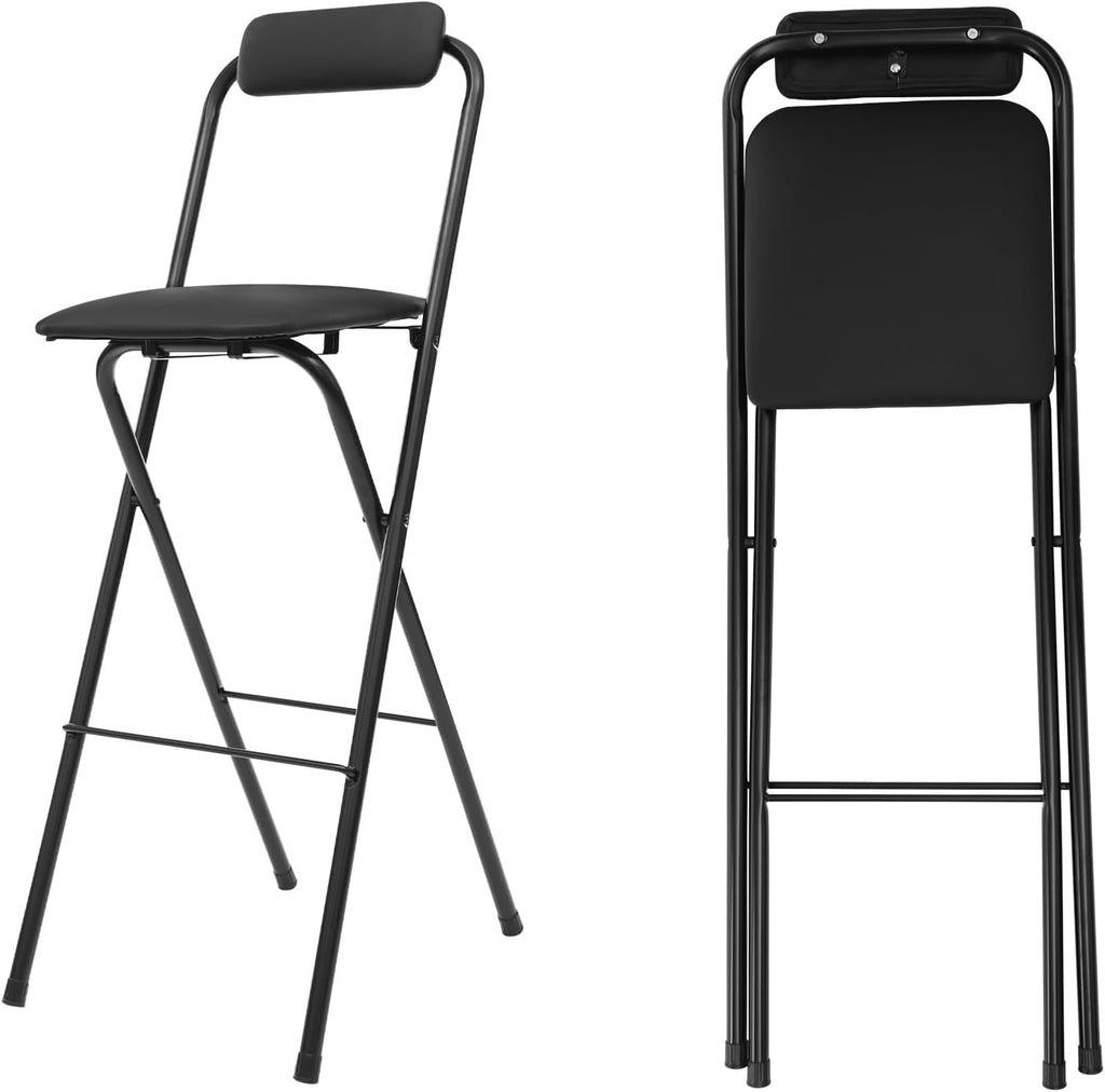 SHZICMY Folding Bar Stool with Backrest, Tall Foldable Stool Chair, Portable High Folding Bar Chair Counter 29.5" Height Seat Leather Padded for Adults Kitchen Counter Room Home Camping, Black