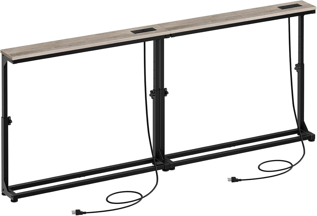 HOOBRO Narrow Console Table Set of 2 with Charging Station, Adjustable Height Sofa Table (25''-32.9''), Slim Behind Couch Table for Small Spaces, Entryway, 78.8" Greige and Black BG95UXGP201
