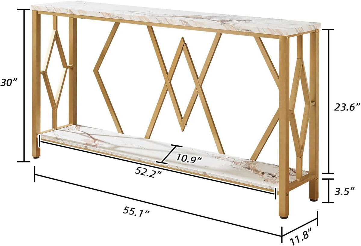 HOMISSUE 55 Inch Modern Entryway Console Table, White & Gold Faux Marble Top Engineered Wood Sofa Table with 2-Tier Open Storage, Entry Table for Hallway & Living Room