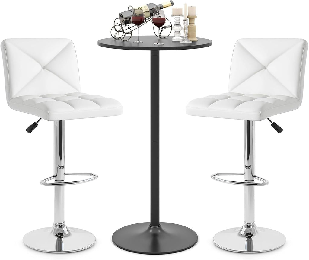 COSTWAY 3 Pieces Bar Table Set, Round Cocktail Table and PU Leather Adjustable Swivel Chairs, Modern Counter Height Furniture Set with 2 Bar Stools for Small Space, Kitchen, Office (White+Black)