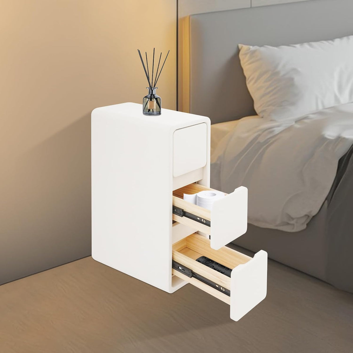 Solid Wood End Table, Narrow Bedside Table with 3 Drawers w/Leather Surface for Bedroom, Small Spaces, Living Room, Off-White