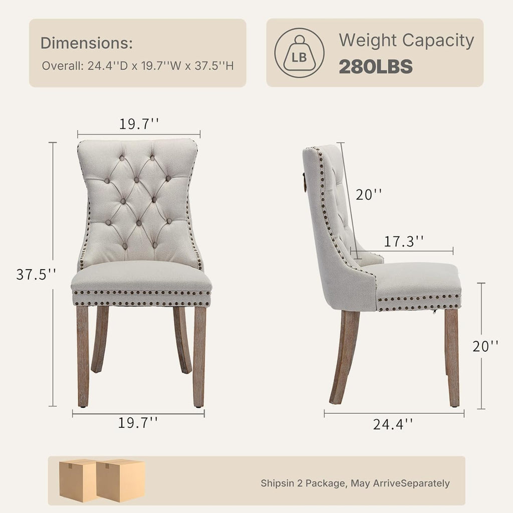 Beige Linen Dining Chairs Set of 4, Fabric Upholstered Kitchen & Dining Room Chair, Tufted Mid Century Modern Dinning Room Chairs, High Back, Wood Legs, Sillas de Comedor