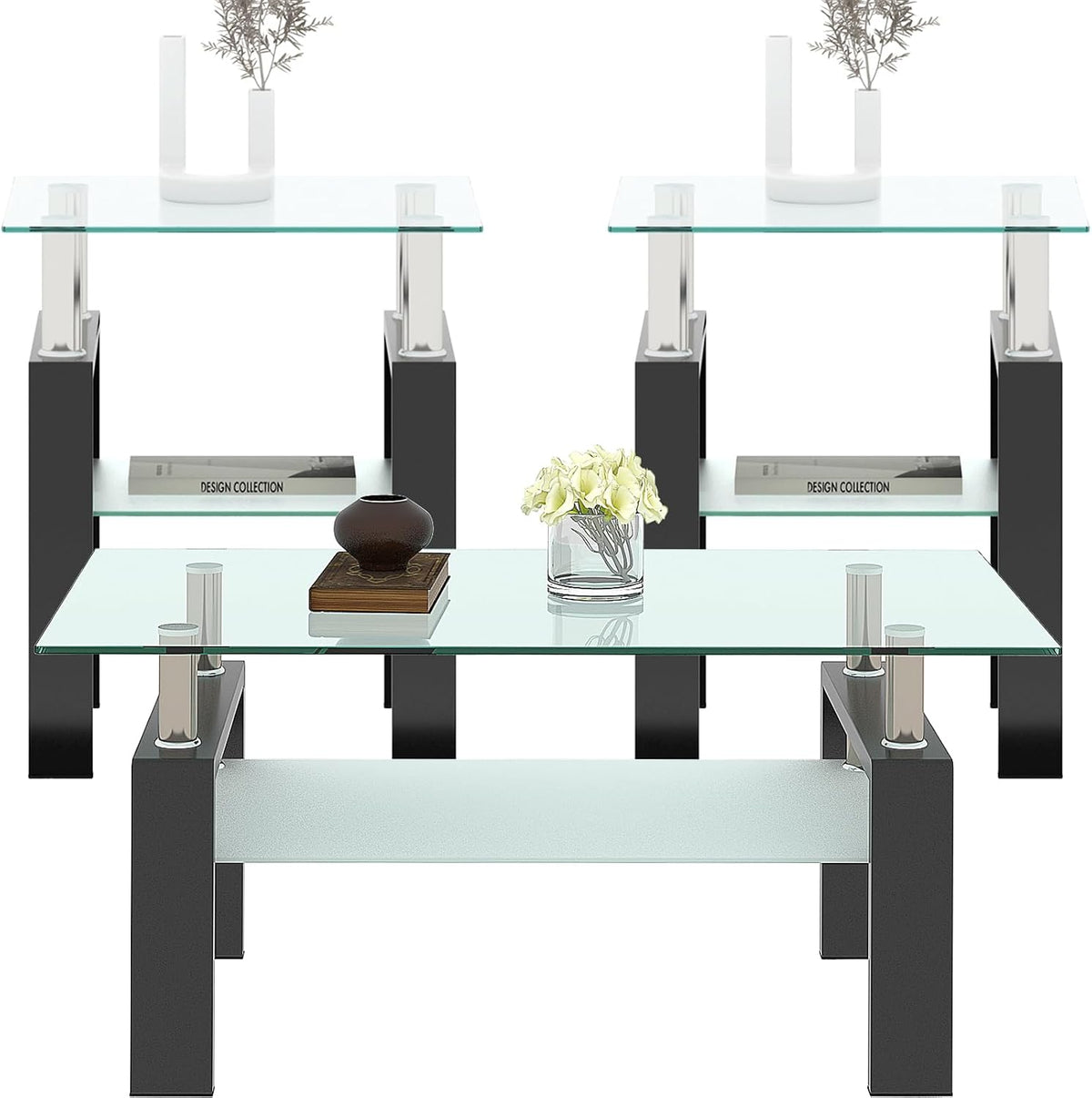 ODUSE-DAILY Glass Coffee Table - Black Metal Frame Set of 3 Living Room Table Set