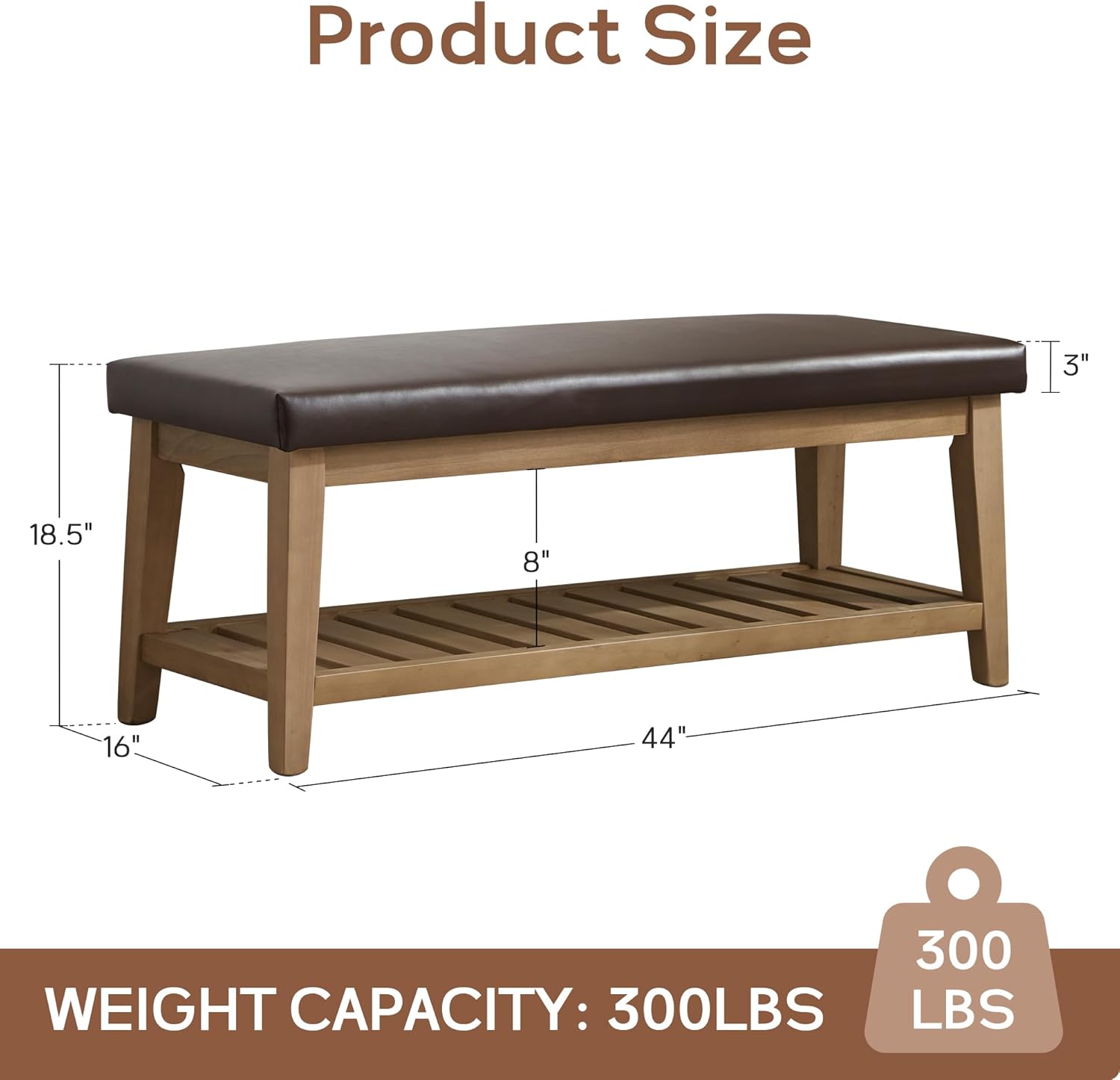 HUIMO Entryway Shoe Bench with Cushion, End of Bed Bench,Upholstered Bench for Kitchen, Bench with Solid Wood Shelf, Leather Ottoman Bench for Hallway, Living Room (PU-Brown)