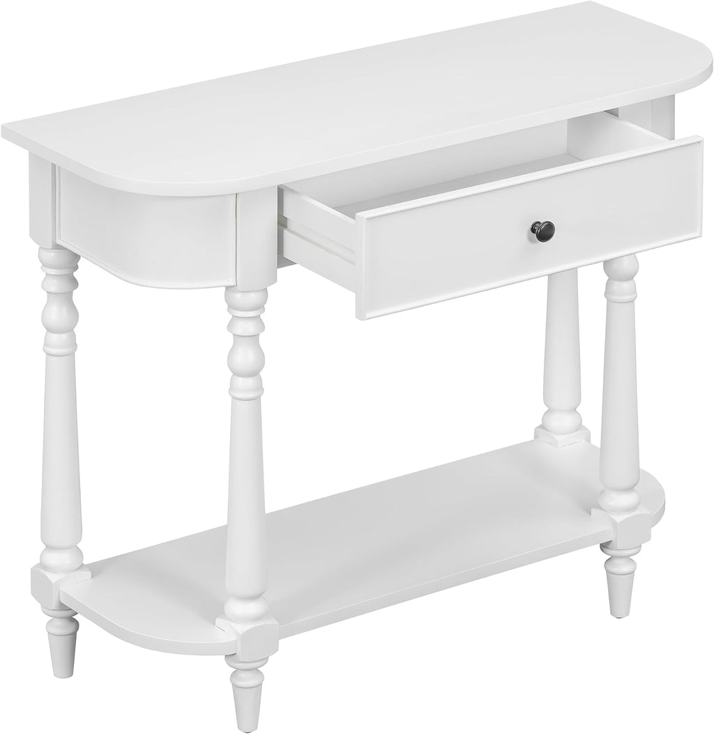 LKTART Solid Wood Corner-Curved Console Table,Farmhouse Space-Saving Entryway Sofa Table with Drawer & Open Shelf for Living Room,Hallway,Foyer(White 36")