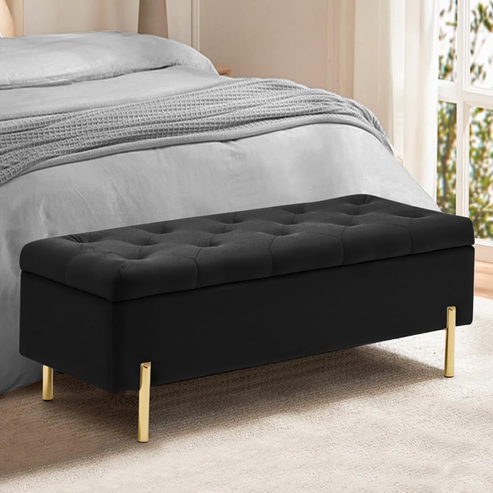 45.6 Inch Velvet Storage Bench Tufted Upholstered Ottoman Bench, Bedroom Bench with Storage, for Bedroom Living Room Entryway Rectangular Accent Bench, Black