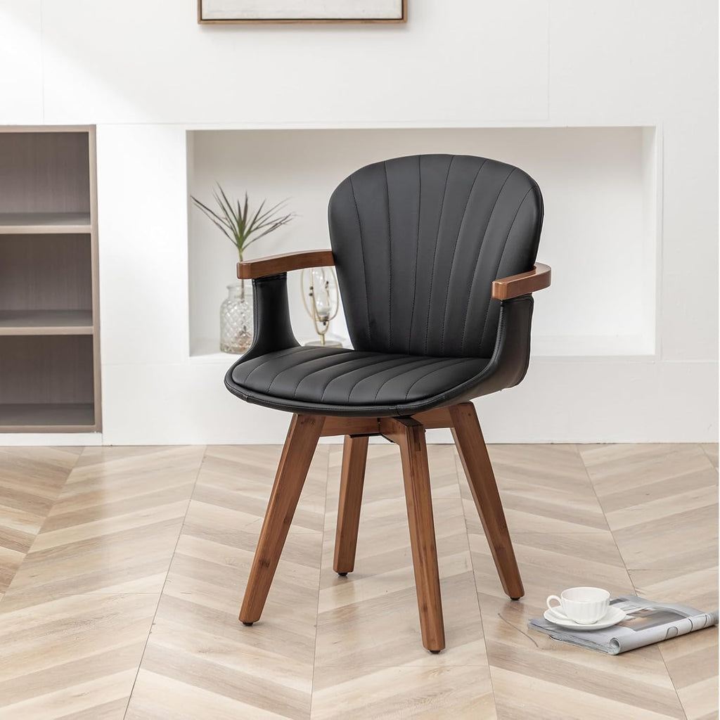LUNLING Swivel Dining Room Chairs Set of 2 Mid Century Modern Black Faux Leather Kitchen Chairs with Arms Bamboo Legs Side Chairs No Wheels Bentwood Frame Accent Chair for Dining Rooms and Offices