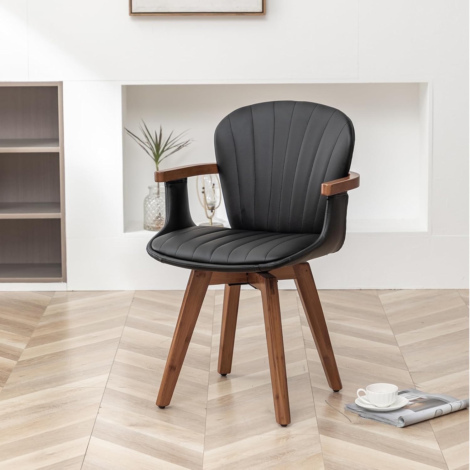 LUNLING Swivel Dining Room Chairs Set of 2 Mid Century Modern Black Faux Leather Kitchen Chairs with Arms Bamboo Legs Side Chairs No Wheels Bentwood Frame Accent Chair for Dining Rooms and Offices