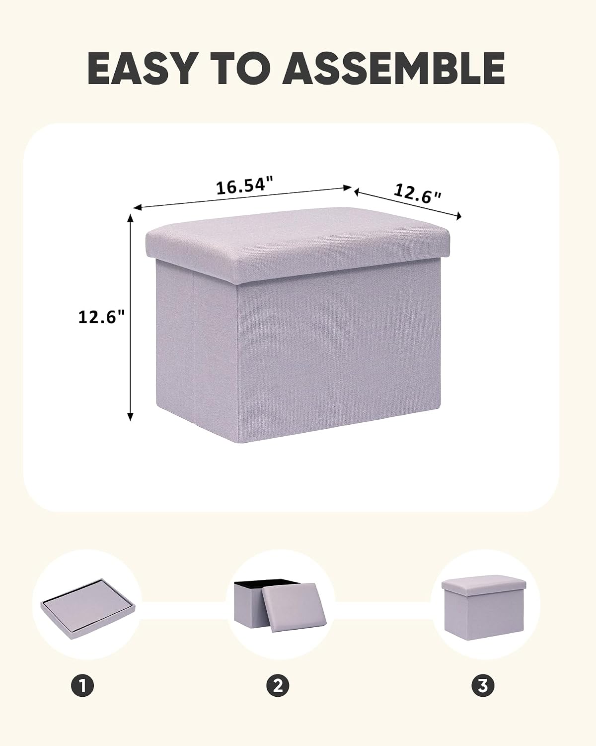 PINPLUS Flat Top Folding Linen Storage Ottoman 16.5", 36L Collapsible Storage Cube with Lid, 250 lbs Load Capacity, Fabric Foot Rest Seat for Living Room, Bedroom, Closet,Light Purple