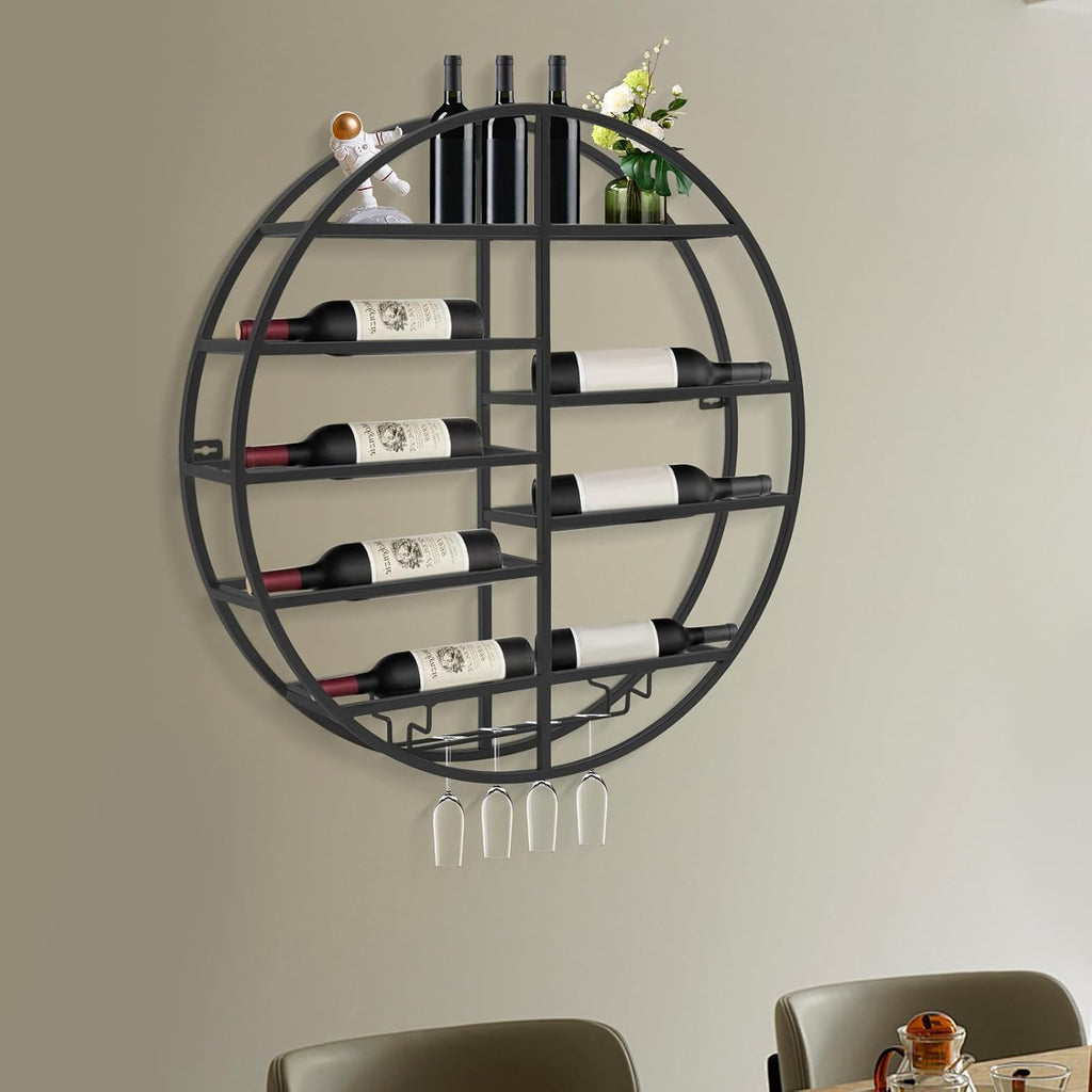 23.6 Inch Wall Mounted Wine Rack w/Glass Holder, Round Iron Wine Shelf, 7 Bottle Horizontal Storage & 4 Glass Hanging Rail, Modern Floating Display for Kitchen & Bar (Black/Gold) (Black)