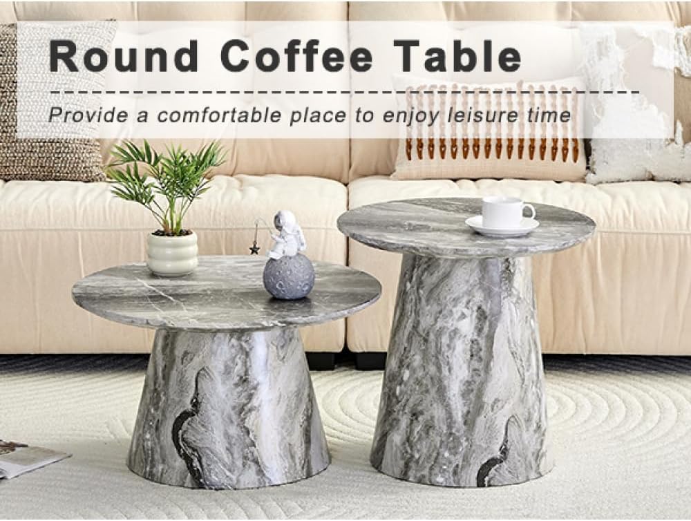Nesting Coffee Table Set, Gray Veneer Round Tables, Mid-Century Modern | Round Coffee and Side Table Set for Living Room or Office with Space-Saving Nested Design and Gray Veneer Finish