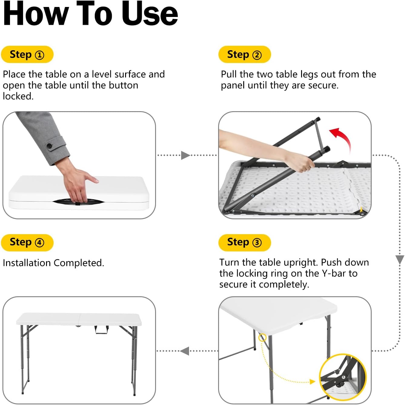 4 Feet Folding Table Adjustable Height with Carry Handle, Steel Legs | Heavy Duty | Lightweight Portable | Perfect for Party, Dining, Wedding, Events, Picnic Indoor, Outdoor, Camping, Utility